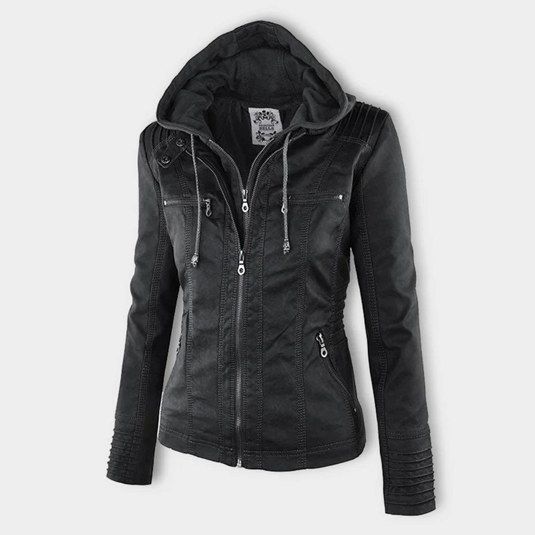 Elina | Wetterfeste Damen Lederjacke mit Abnehmbarer Kapuze