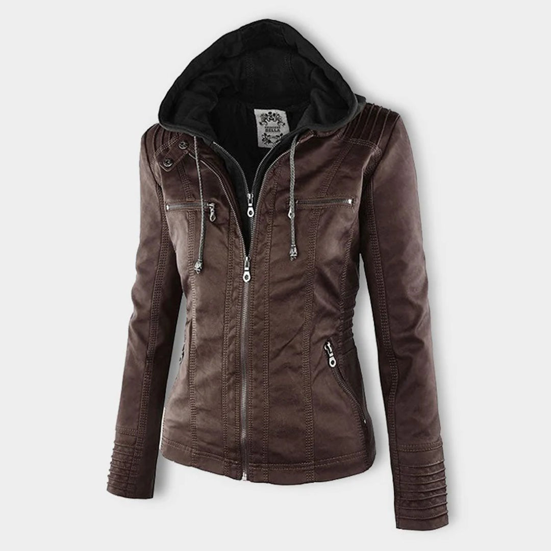 Elina | Wetterfeste Damen Lederjacke mit Abnehmbarer Kapuze