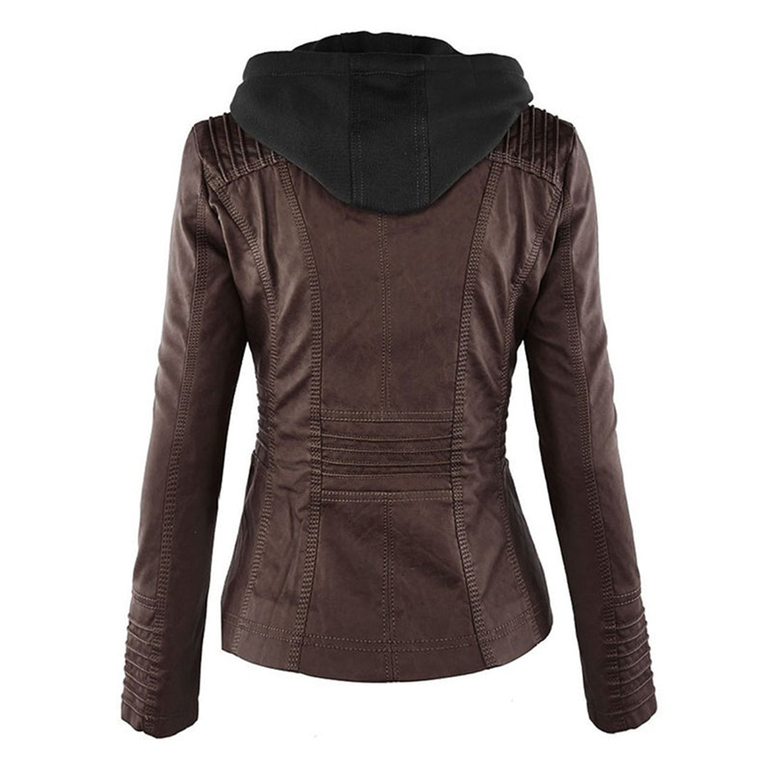 Elina | Wetterfeste Damen Lederjacke mit Abnehmbarer Kapuze