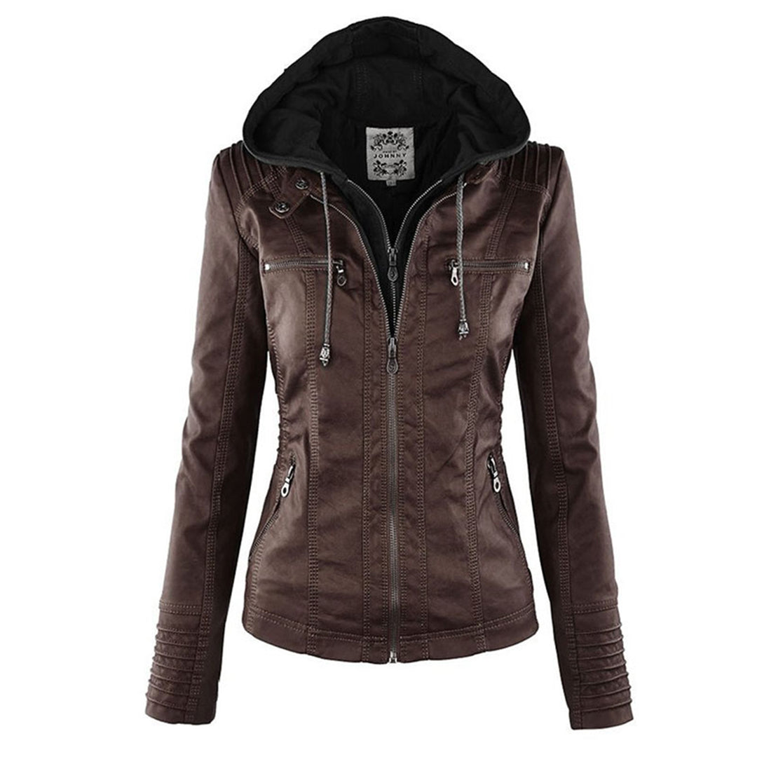 Elina | Wetterfeste Damen Lederjacke mit Abnehmbarer Kapuze