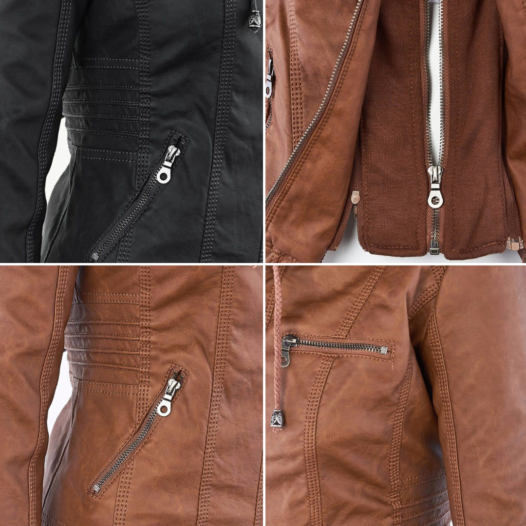 Elina | Wetterfeste Damen Lederjacke mit Abnehmbarer Kapuze