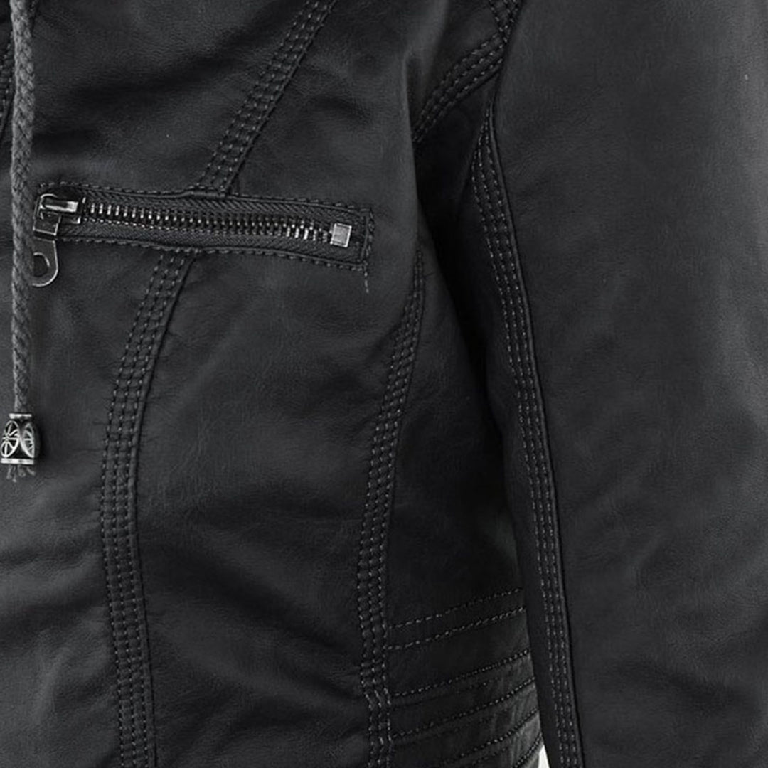 Elina | Wetterfeste Damen Lederjacke mit Abnehmbarer Kapuze