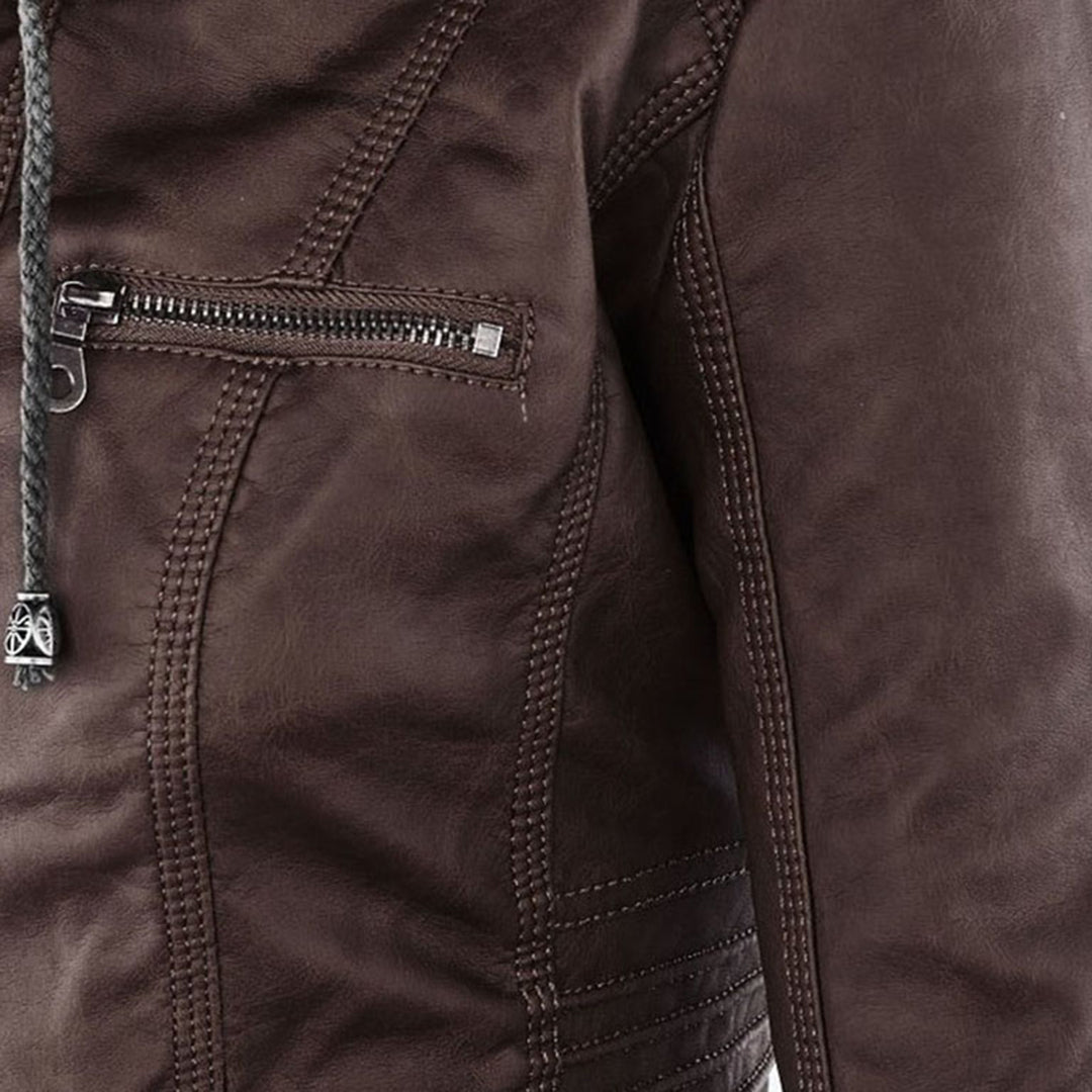 Elina | Wetterfeste Damen Lederjacke mit Abnehmbarer Kapuze