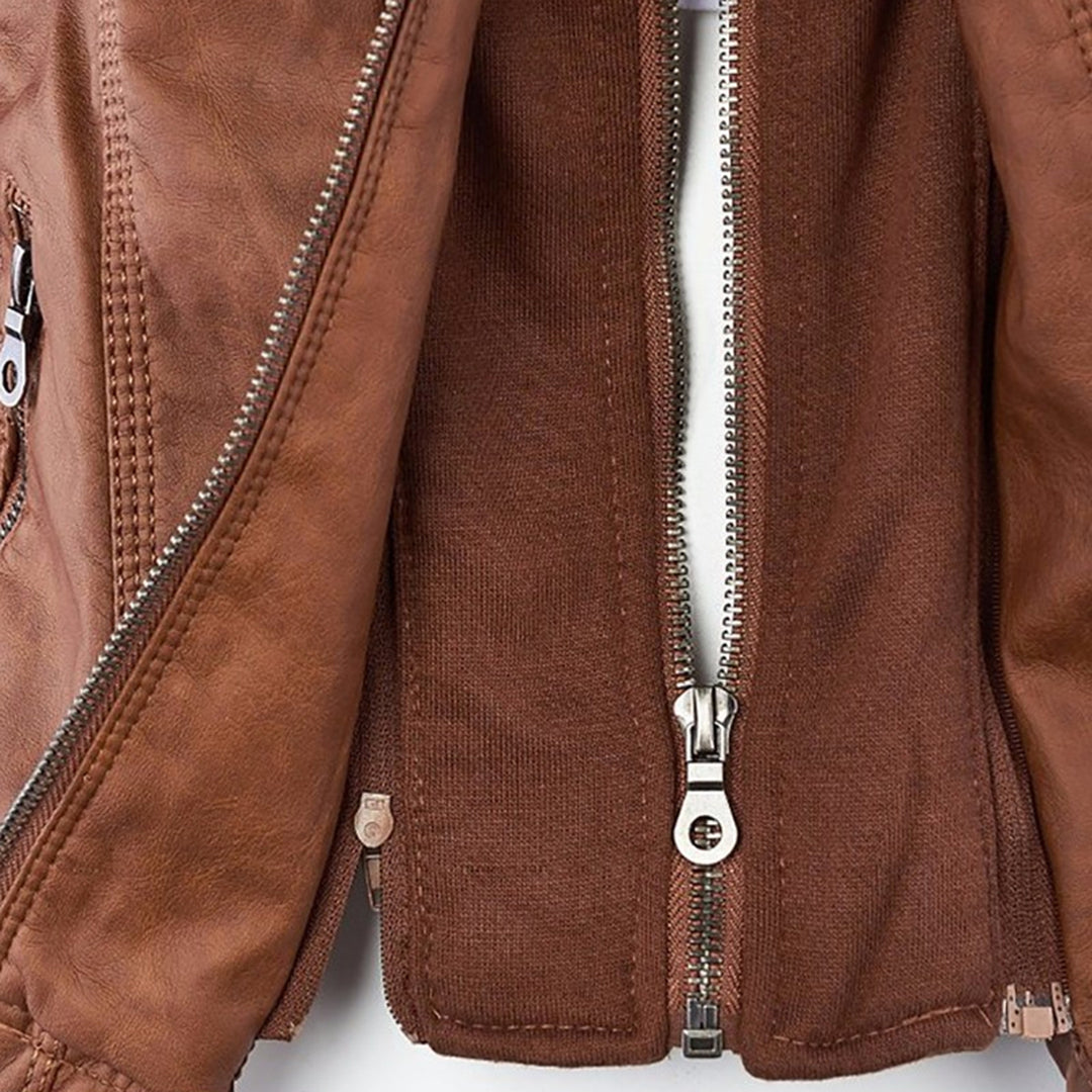 Elina | Wetterfeste Damen Lederjacke mit Abnehmbarer Kapuze