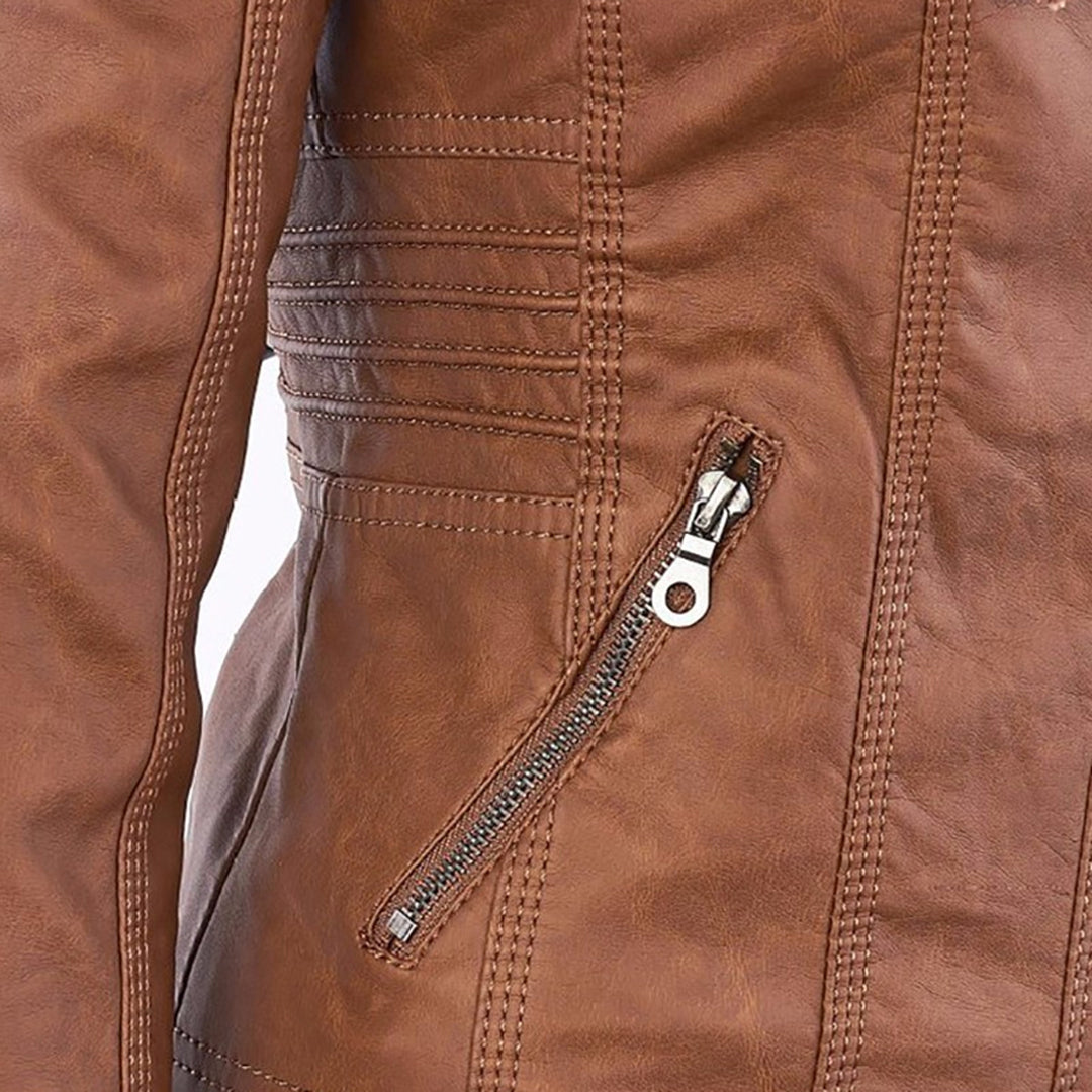 Elina | Wetterfeste Damen Lederjacke mit Abnehmbarer Kapuze