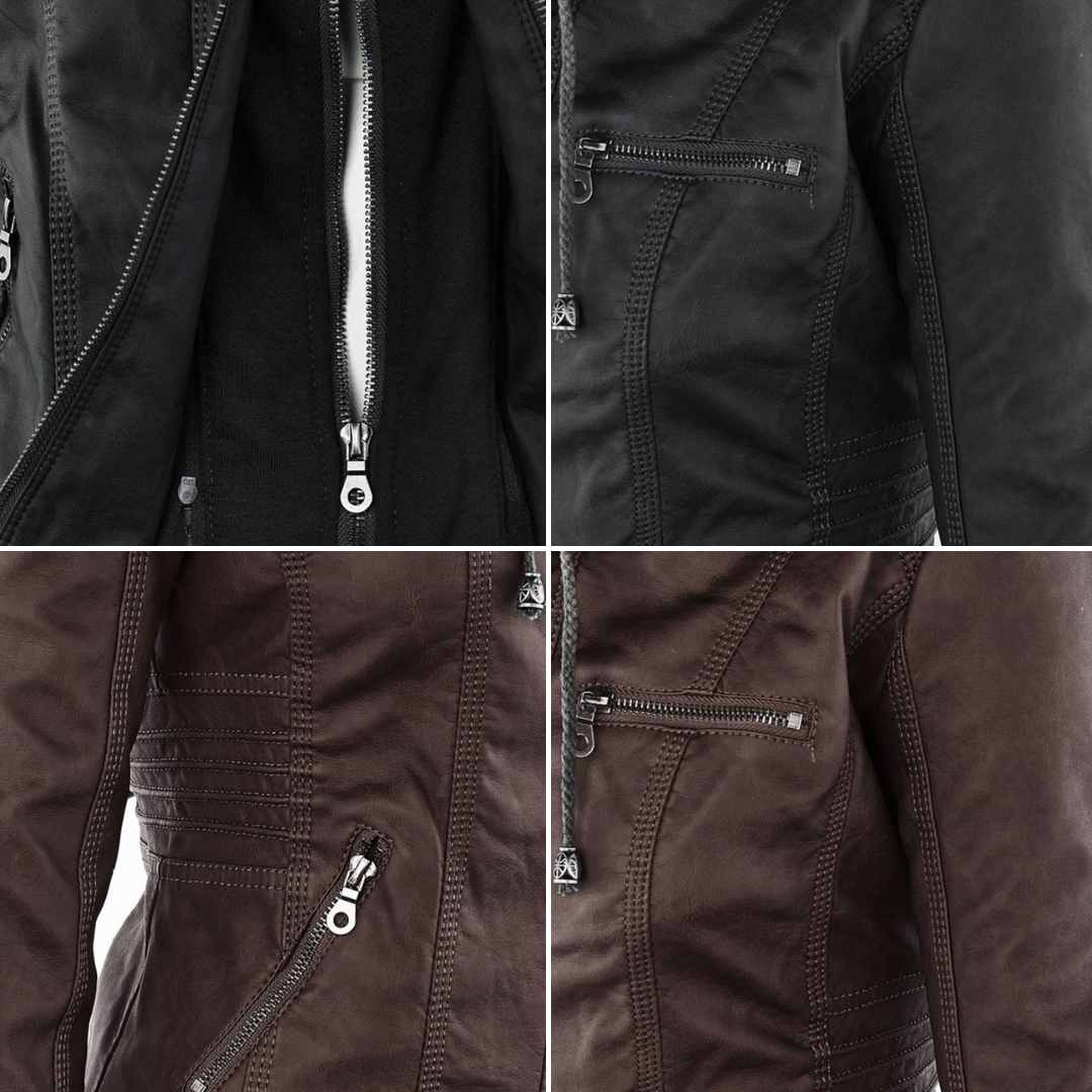 Elina | Wetterfeste Damen Lederjacke mit Abnehmbarer Kapuze