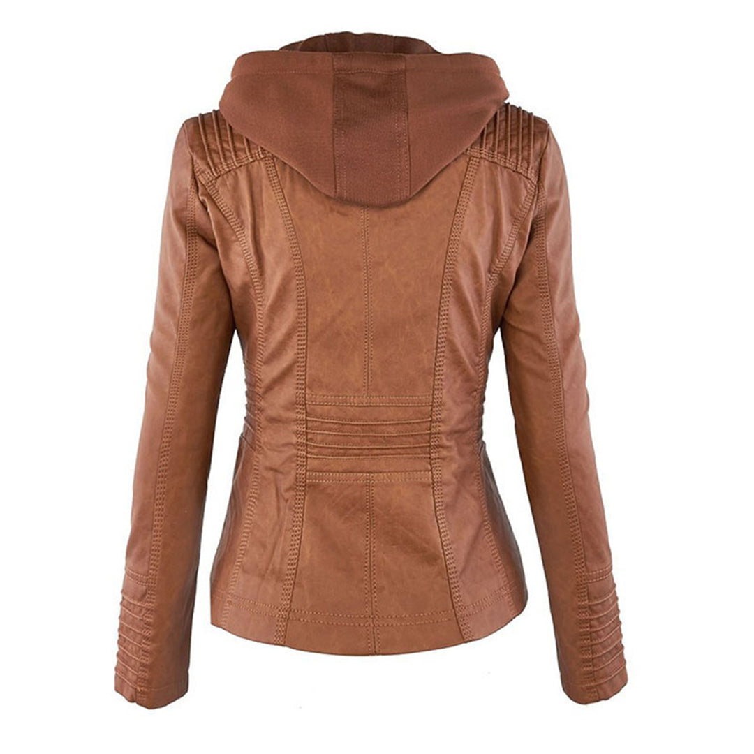 Elina | Wetterfeste Damen Lederjacke mit Abnehmbarer Kapuze
