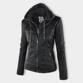 Elina | Wetterfeste Damen Lederjacke mit Abnehmbarer Kapuze