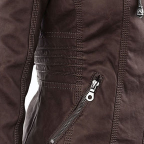 Elina | Wetterfeste Damen Lederjacke mit Abnehmbarer Kapuze