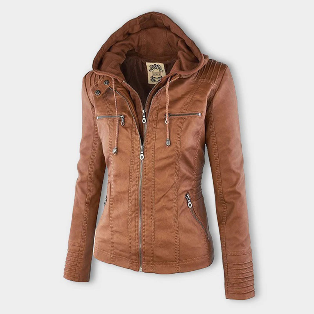 Elina | Wetterfeste Damen Lederjacke mit Abnehmbarer Kapuze