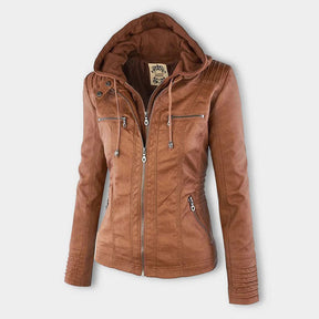 Elina | Wetterfeste Damen Lederjacke mit Abnehmbarer Kapuze