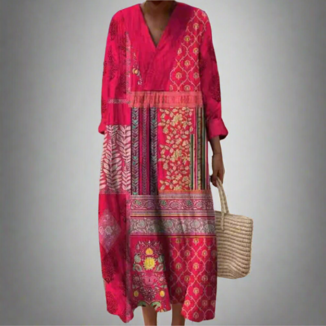 Damen Patchwork Fuchsia Kleid | Maxi