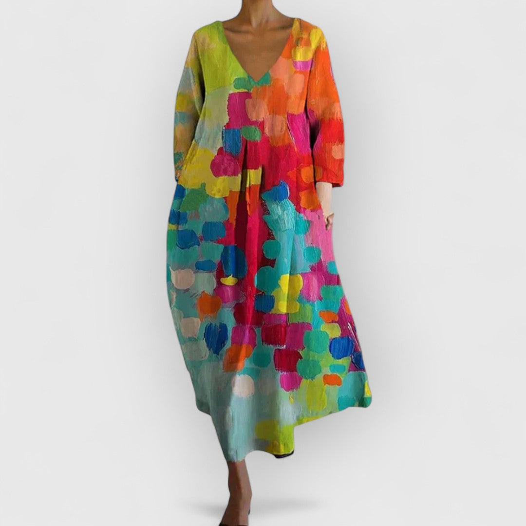 Anastasia |Buntes Kleid mit V-Ausschnitt